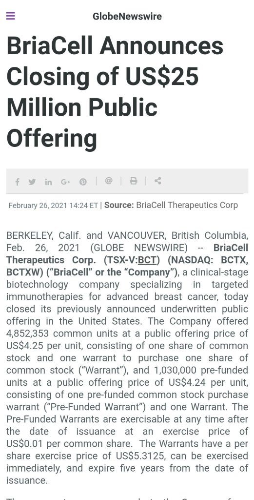 BCTX- get in now...Its a thin float...with warrants..