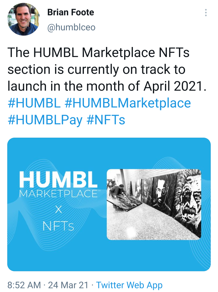 HUMBLマーケットプレイスのNFTのローンチは2021年4月です