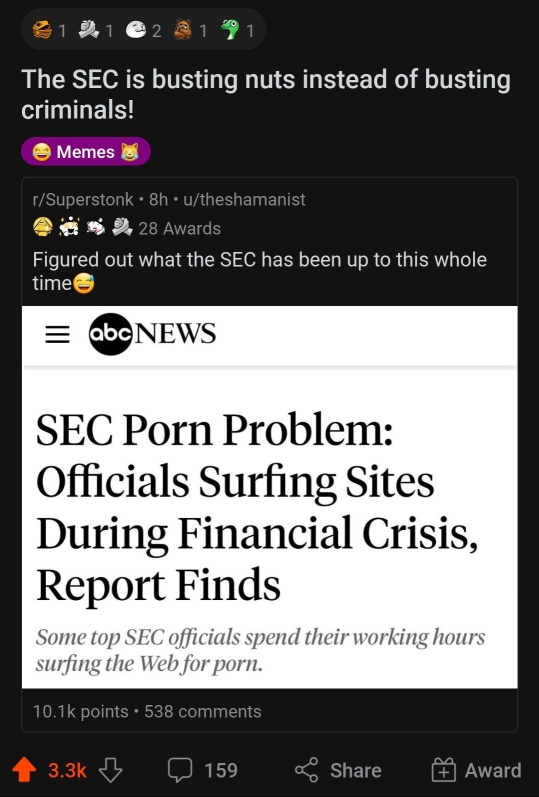 Somebody post the Gamestop & AMC shorting data to Pornhub. Easier to reach SEC.