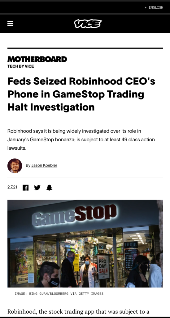 Feds Seized Robinhood CEO's Phone in GameStop Trading Halt Investigation