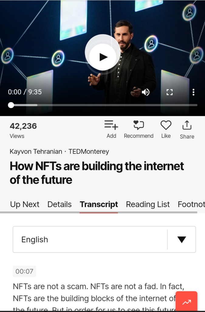 NFT TED 演讲链接和笔录。