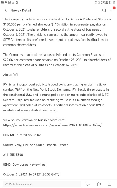 $RVI 特別股息需要保留至 10 月 29 日！