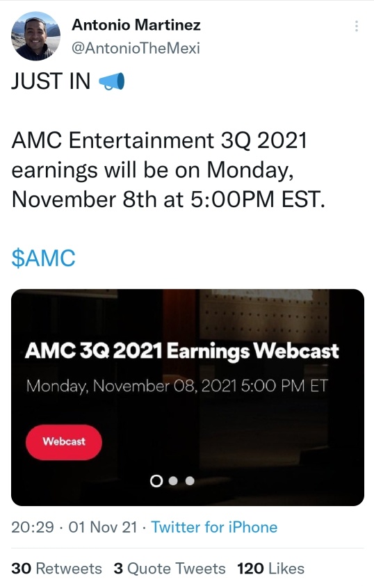 AMC 第三季度财报电话会议将于 2021 年 11 月 8 日举行