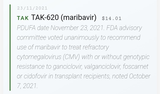 TAK PDUFA for Maribavir on 23/11/2021 90% approval rate