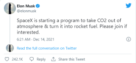 イーロン・マスク氏は、SpaceXが大気中の二酸化炭素を取り出し、ロケット燃料として使用する計画を立てており、才能を求めています。