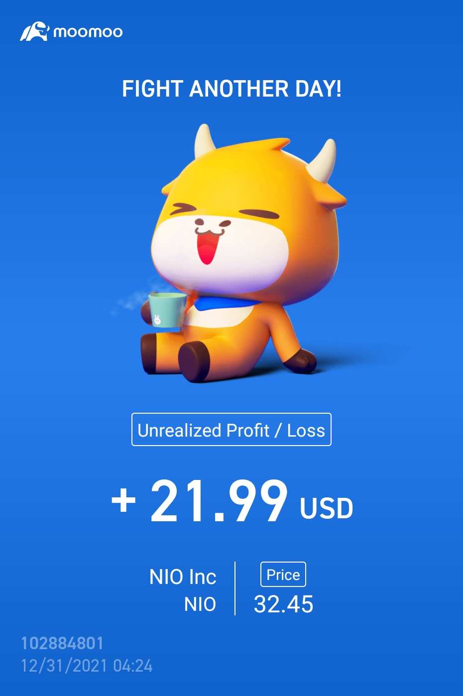 $NIO Inc(NIO.US)$ bought just to fulfil the moomoo trading event, satisfied with small gains :)
