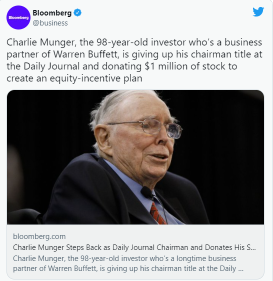 チャーリー・マンガー氏がデイリージャーナルの会長職から退任し、自身の株式から100万ドルを寄付する予定です。