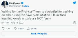 金融時報笑地向 CNBC 的吉姆·克萊默因通貨膨脹的仇恨而「道歉」。