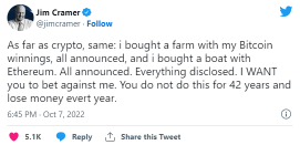 吉姆·克莱默说他用比特币的利润购买了一个农场——而且你敢和他打赌