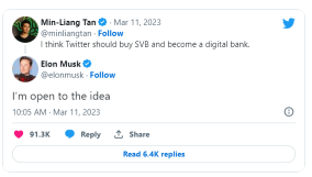 Elon Musk表示他"对购买硅谷银行的想法持开放态度"，但特斯拉的投资者告诉他"不感兴趣"。