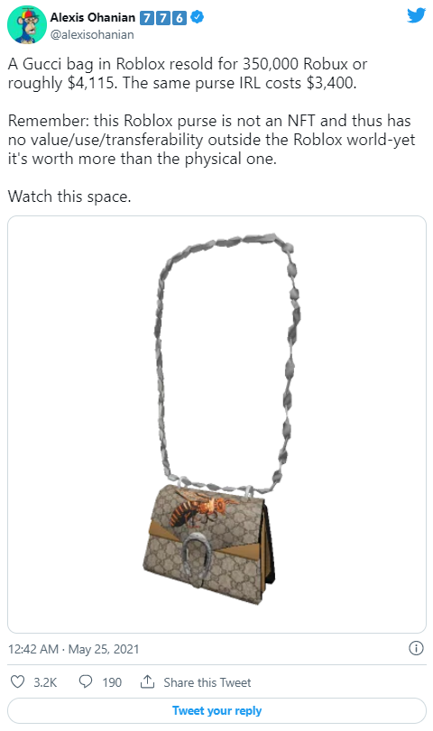 A Virtual Gucci Bag Sold For More Money on Roblox Than IRL