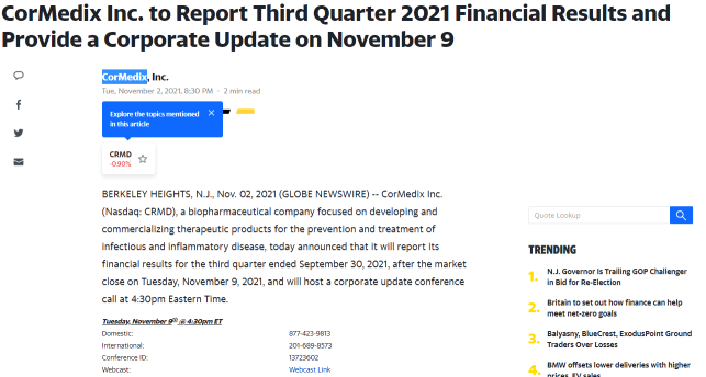 Cormedix 2021 年第三季度财务业绩发布日期