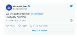 Adidas originals says it has partnered with coinbase