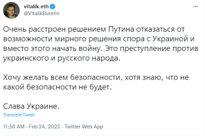 Ethereum creator Vitalik Buterin calls Russia invasion a 'Crime'