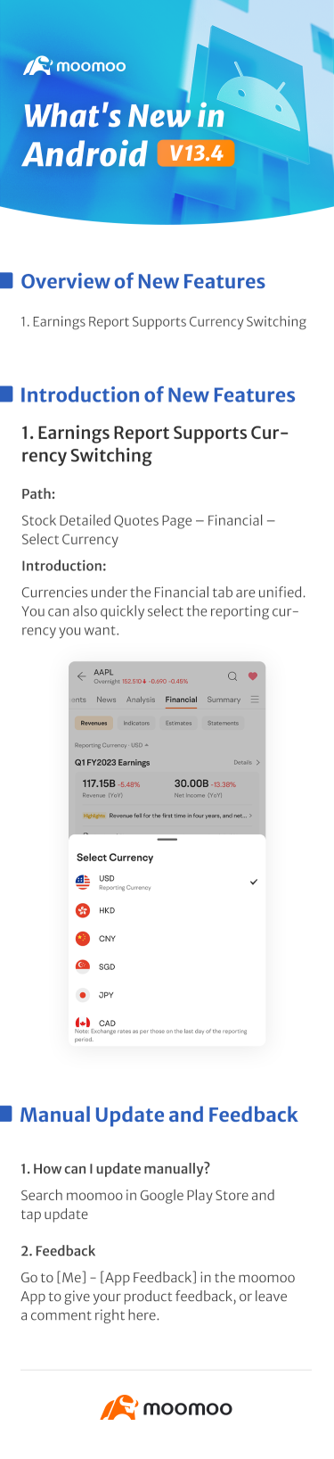 What's New: Currency switching for earnings report available in Android v13.4