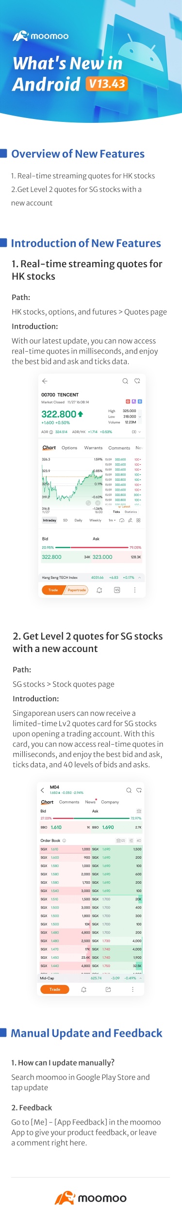 What's New: Real-time streaming quotes for HK stocks and Level 2 quotes for SG stocks in Android v13.43