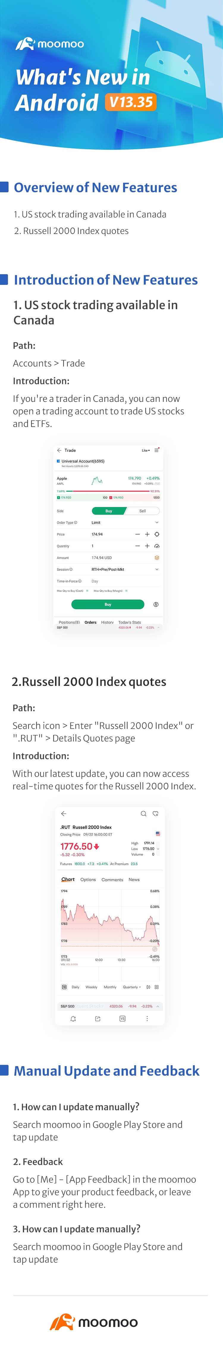 What's New: Russell 2000 Index quotes and US stock trading in CA available in Android v13.35