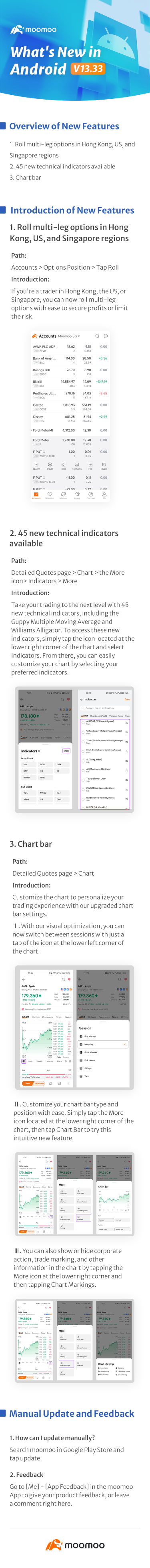 新機能：45の新しい技術指標と、Android v13.33で利用可能なアップグレードされたチャートバー。