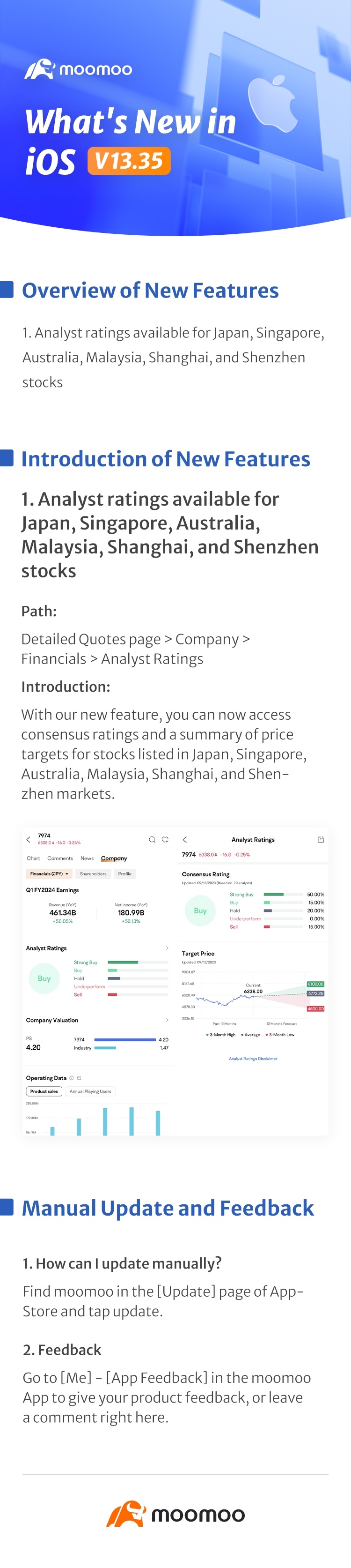 新增内容：iOS v13.35 中提供了日本、新加坡、澳大利亚等的分析师评级