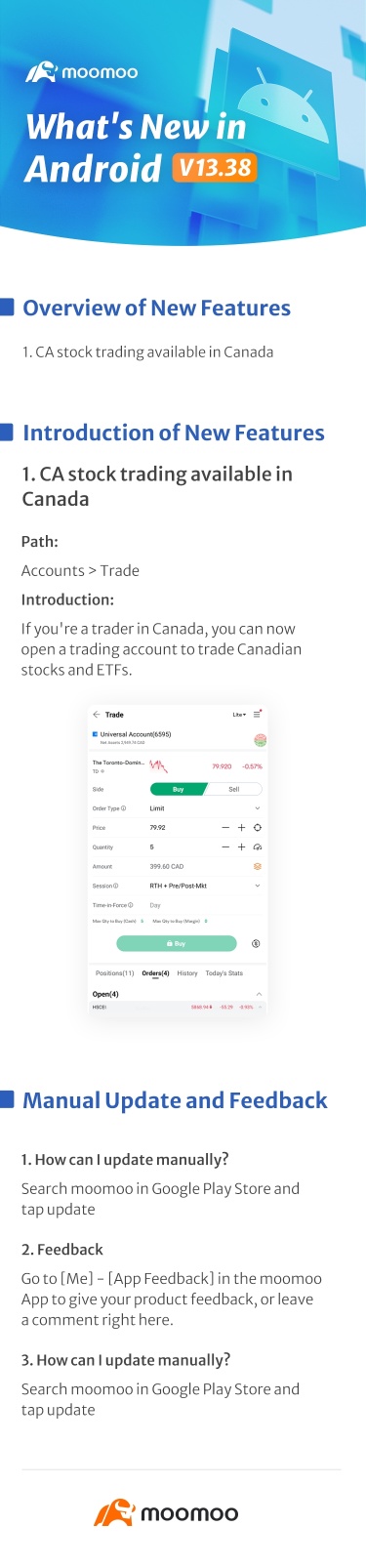 What's New: CA stock trading available in Canada in Android v13.38