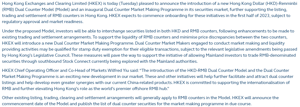 HKEX TO INTRODUCE HKD-RMB DUAL COUNTER MODEL AND DUAL COUNTER MARKET MAKING PROGRAMME IN HONG KONG SECURITIES MARKET