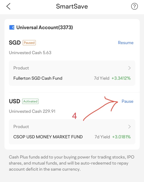 Pause “SmartSave” so that fund I set aside to buy fund/stock does not automatically get invested into cash fund again (after I sell/redeem cash fund partially)