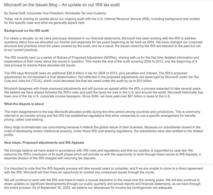 微軟 $微軟 (MSFT.US)$ 表示國稅局希望他們在 2004 至 2013 年稅年度支付 28.9 億美元，加上額外罰款和利息 微軟表示，他們不同意 IRS 的審計，並將嘗試對抗它，並且該過程將需要幾年才能完成