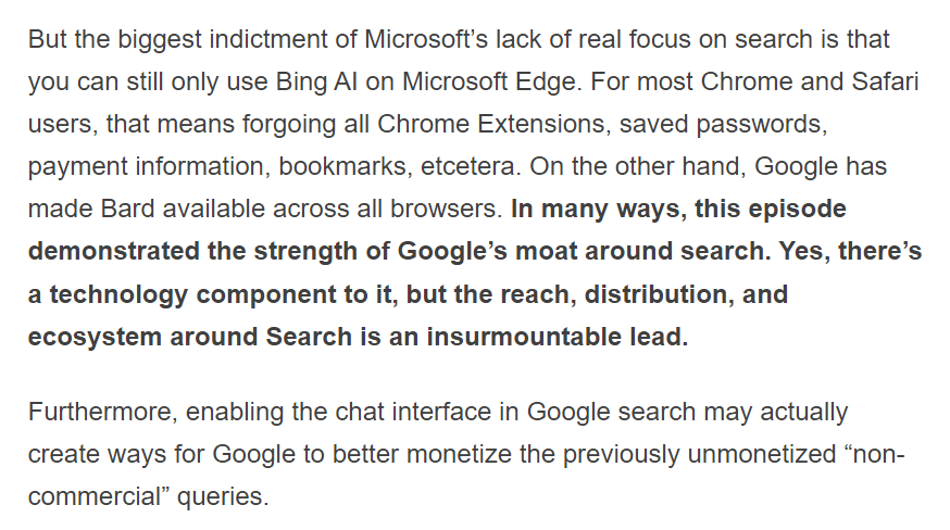 Google I/Oに関する非常に良い記事と売上高/コストの影響について。私には次の2つのポイントが目立ちました（ソースは2番目のツイートです）： 「Microsoftが本当の検索に焦点を当てていない最大の非難は、Microsoft Edgeで引き続きBing AIしか使用できないことです。」 「ほとんどの分析はキャッ...