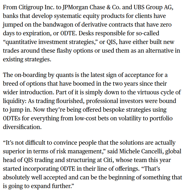這是不可避免的。 0天到期期權並不會消失。如果說有什麼的話，它們正在成為機構策略的一個更大的部分。 華爾街Quants開始接受零天期權，這是交易繁榮的一部分 - 彭博社 $納斯達克綜合指數 (.IXIC.US)$$道瓊斯指數 (.DJI.US)$$標普500指數 (.SPX.US)$