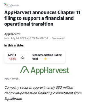 $AppHarvest (APPH.US)$ Another absolutely batsh*t crazy SPAC Ponzi bites the dust & files for bankruptcy. Market cap peaked at $4.5bn in 2021 as investors piled...