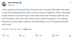 BREAKING:Sam Altman to return as OpenAI CEO, days after he was fired
