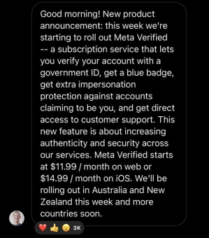 Elon done changed the game:$META will launch a $12 a month paid verification on Facebook and Instagram