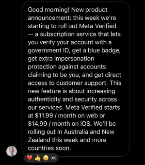 Elon已经改变了游戏规则：$META将在Facebook和Instagram上推出12美元/月的付费验证。