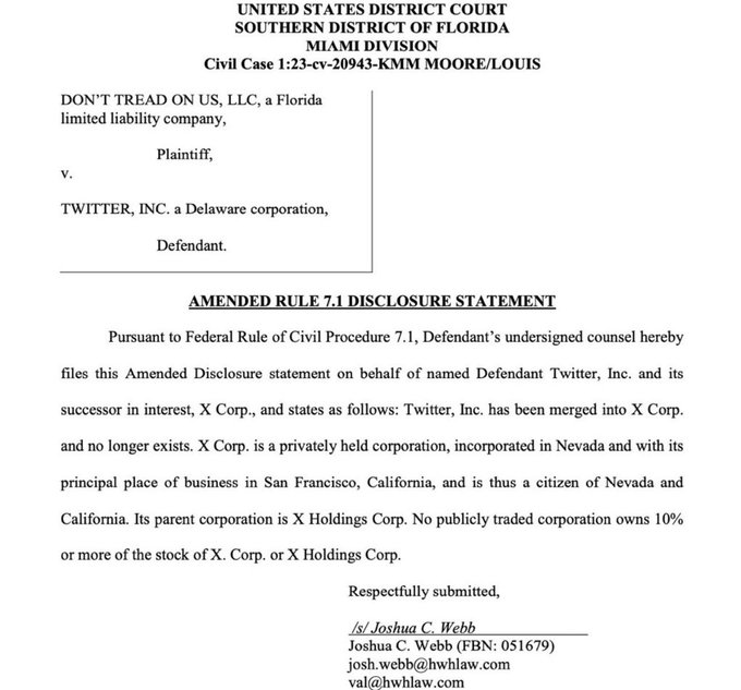 BREAKING: $Twitter (Delisted) (TWTR.US)$ is Dead A filing at Southern District of Florida shows that Twitter Inc has merged with X Corp and now Twitter no longe...