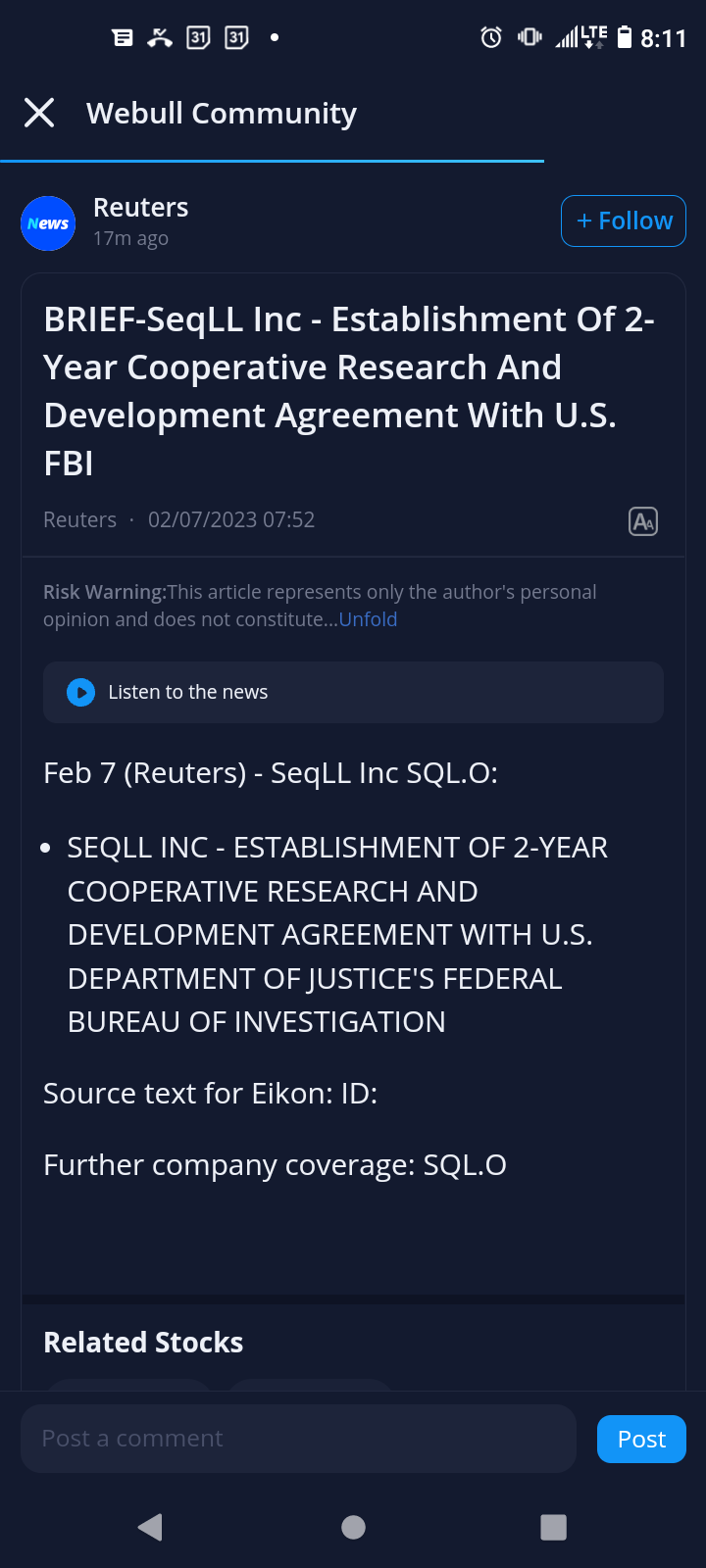 $SeqLL (SQL.US)$  ​agreement with FBI? mostly retail and insider owned? could run today 🤷​