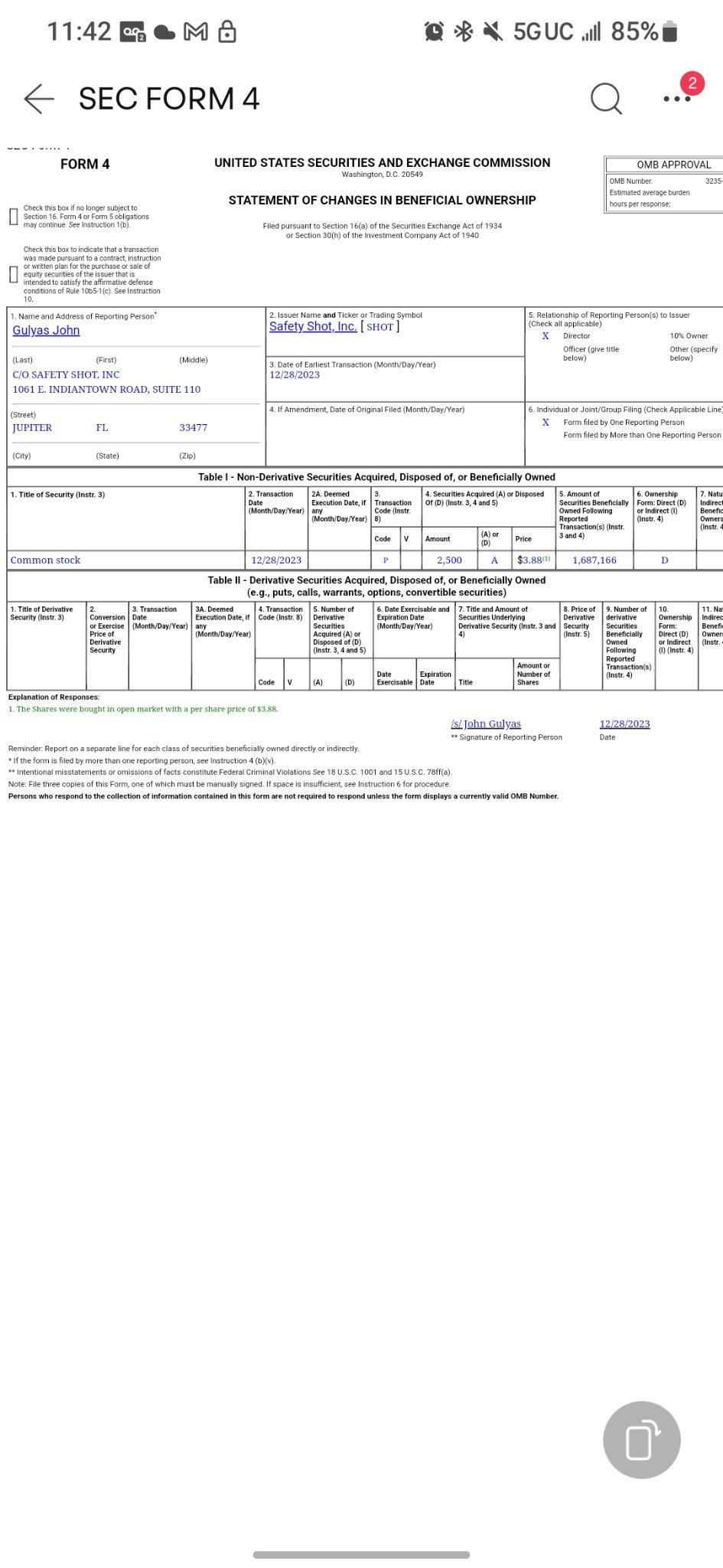 $Safety Shot (SHOT.US)$ 内部人士以3.88的价格买入2000股....