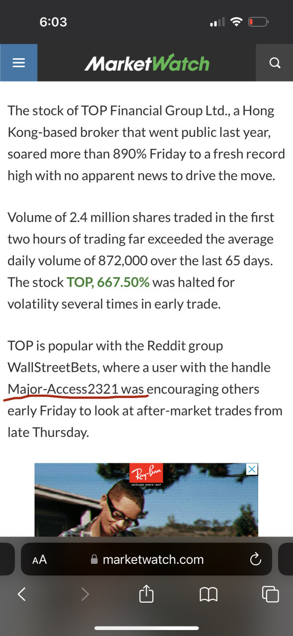 Market Watch Wrote This Article On Me and My $TOP alert