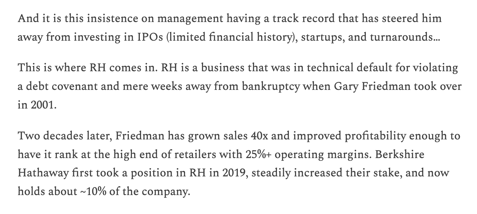 People frequently study Buffett's investment in Apple, but would do well to study his lesser known holdings, whether that's Restoration Hardware, Floor and Deco...