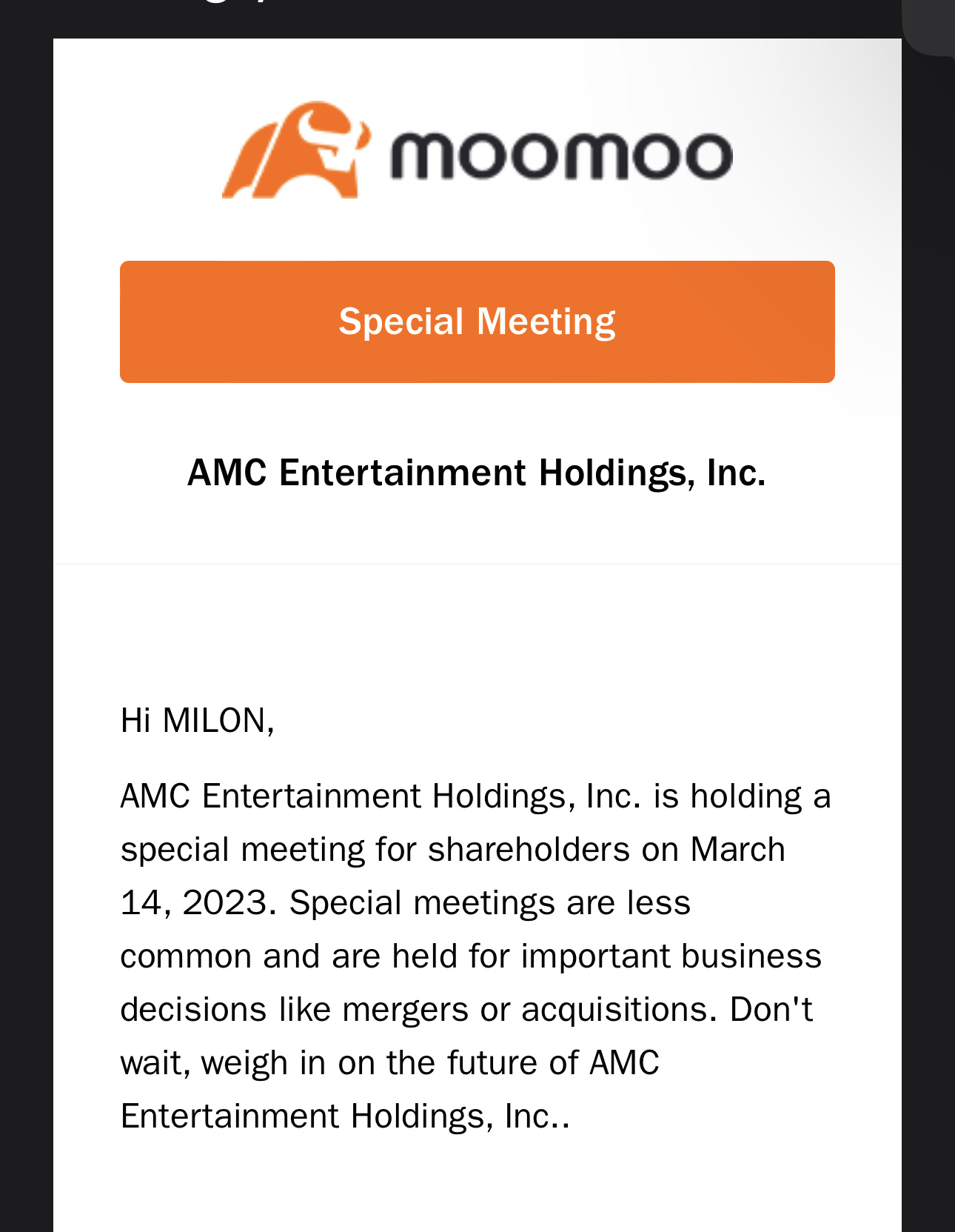 $AMCエンターテインメント クラスA (AMC.US)$ 私はメールを受け取りました。