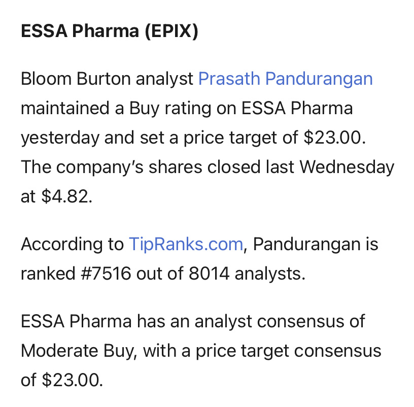 $ESSAファーマ (EPIX.US)$ 目標株価 $23.00