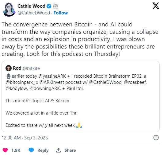 Cathie Wood bullish on Bitcoin and AI convergence