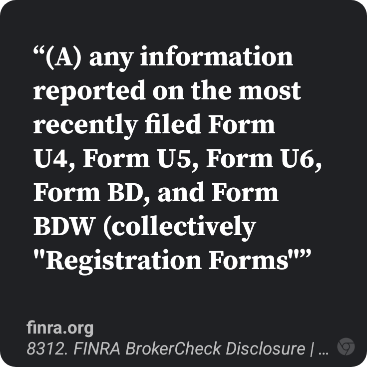 https://www.finra.org/rules-guidance/rulebooks/finra-rules/8312#:~:text=(A)%20最新のフォームU4、フォームU5、フォームU6、フォームBD、およびフォームBDW（総称して「登録フォーム」とする）に報告されるすべての情報