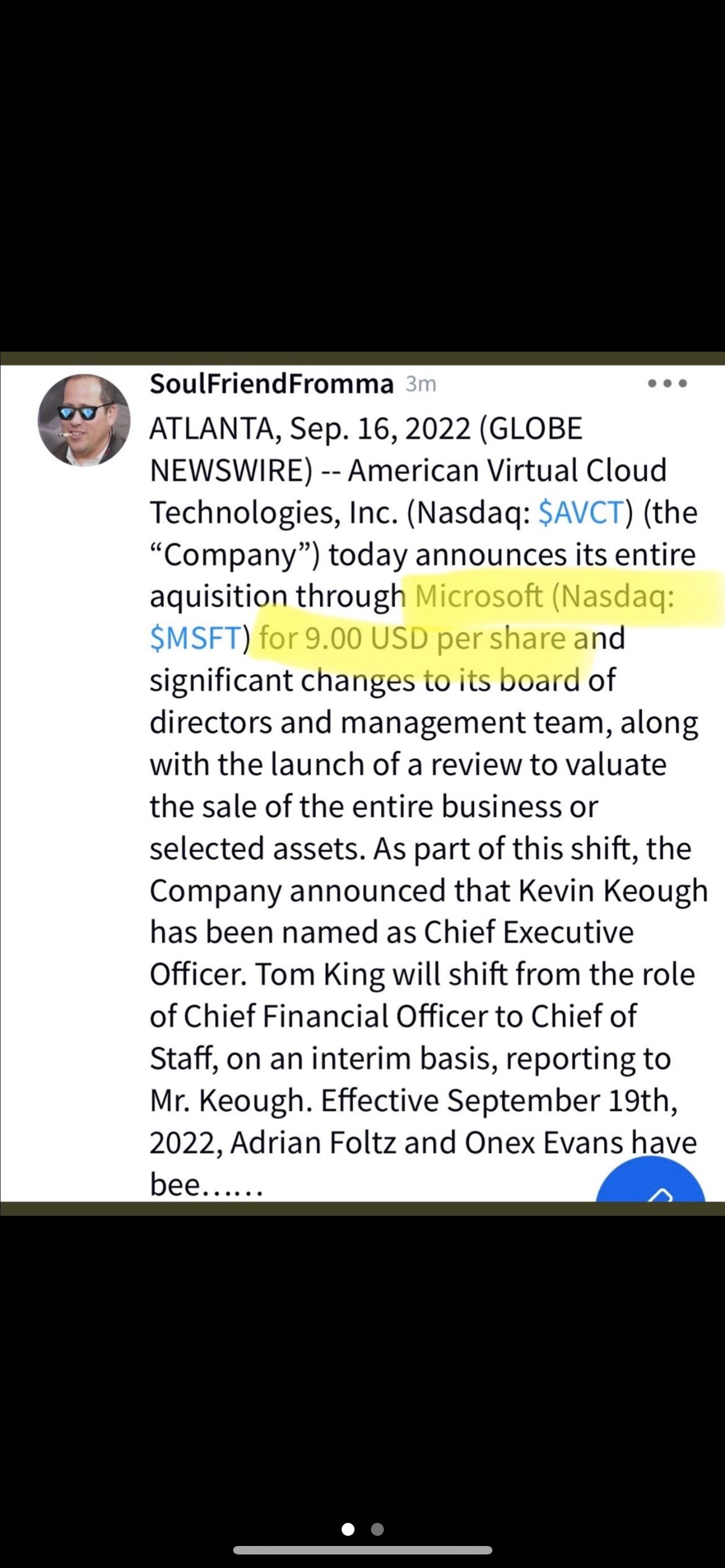 $American Virtual (AVCT.US)$ buyouts latest news 😁😁😁