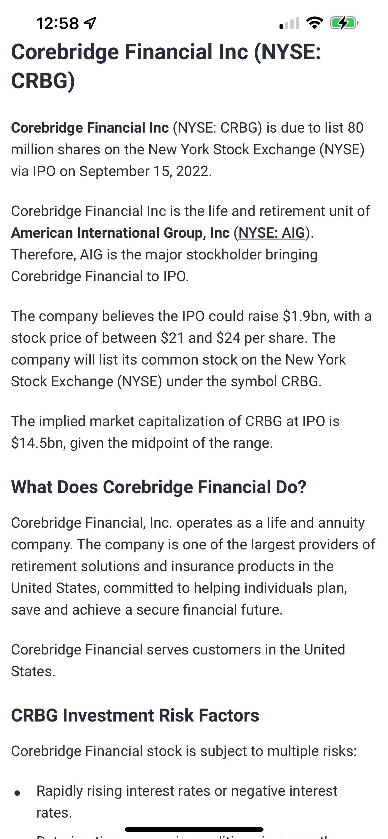 $Corebridge Financial (CRBG.US)$ 九月十五日E* Trade 預訂。不給任何人建議，但是這樣的時候，我希望我也有 etrade！