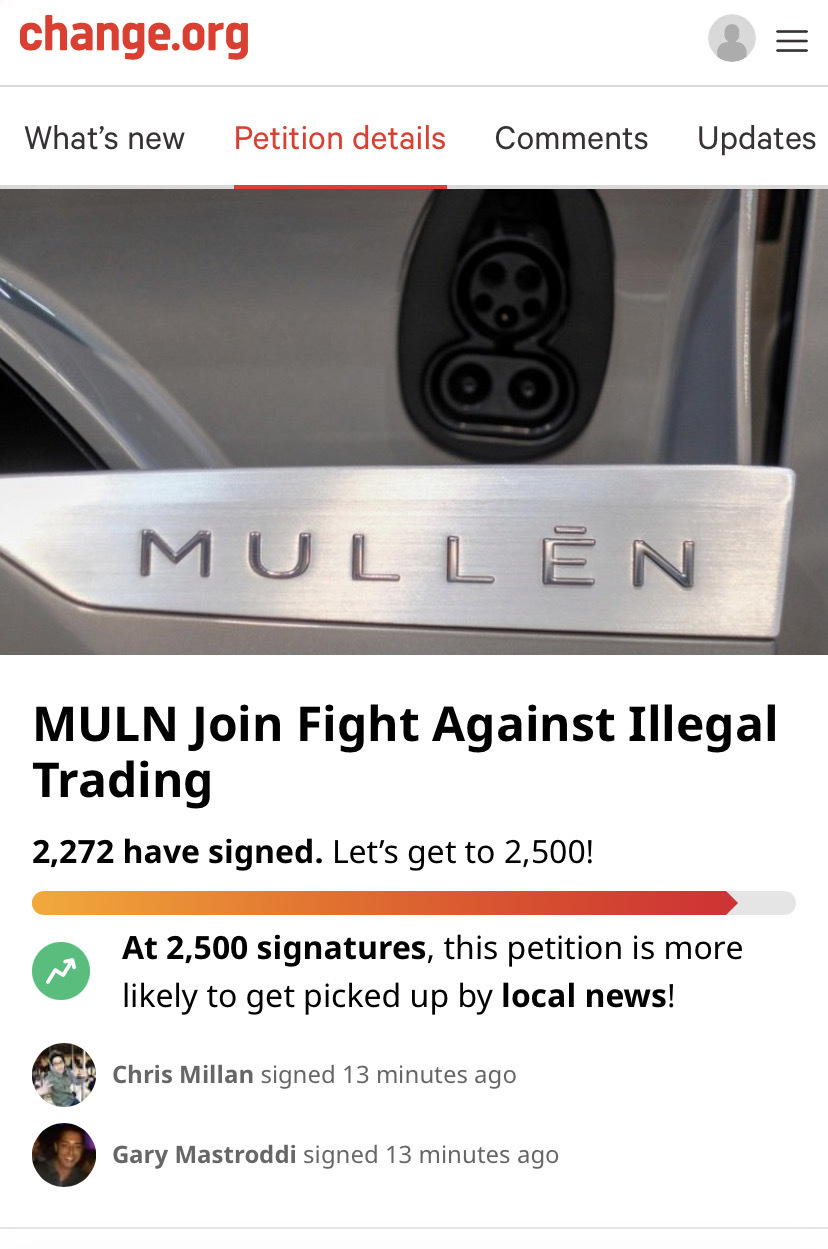 $Mullen Automotive (MULN.US)$ Only needs 350 more signatures, lets go I love Mullen.