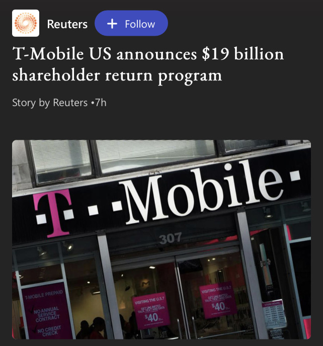美国t-Mobile宣布190亿美元的股东回报计划