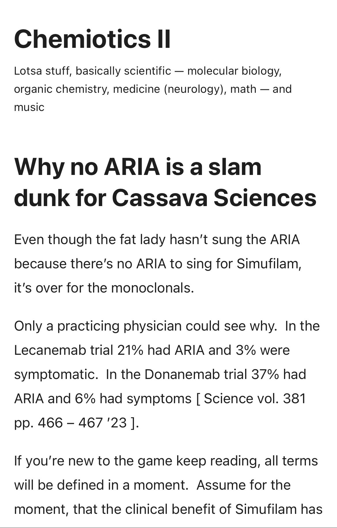 $Cassava Sciences (SAVA.US)$ Bullish SAVA Chemiotics Article ‘ Why No ARIA is a Slam Dunk for Cassava Sciences ‘