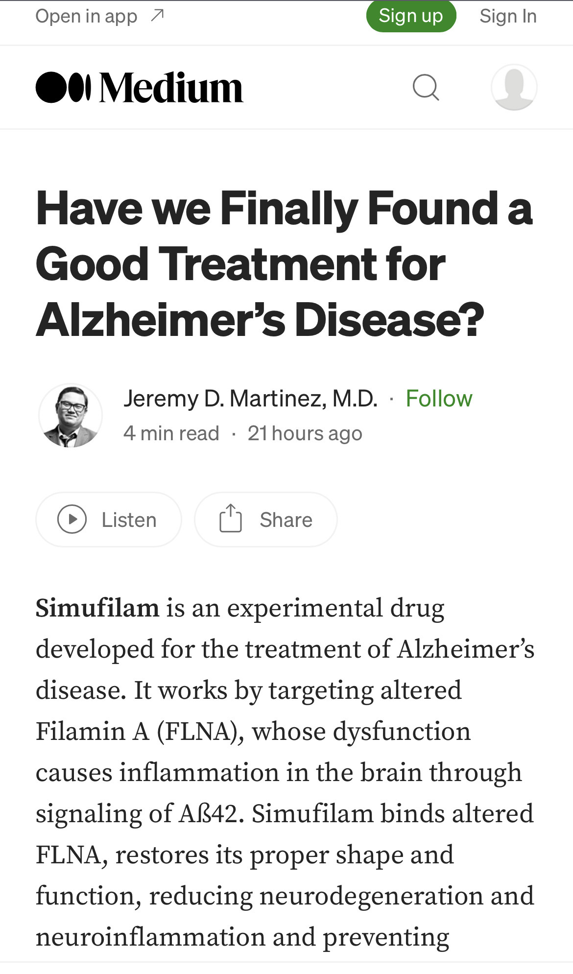 $Cassava Sciences (SAVA.US)$ Hope for Alzheimer’s Disease Sufferers I believe we can see the difference in those treated with simufilam when compared to histori...