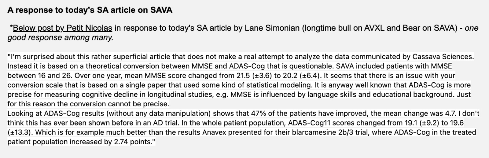 $Cassava Sciences (SAVA.US)$ A response to today's SA article on SAVA