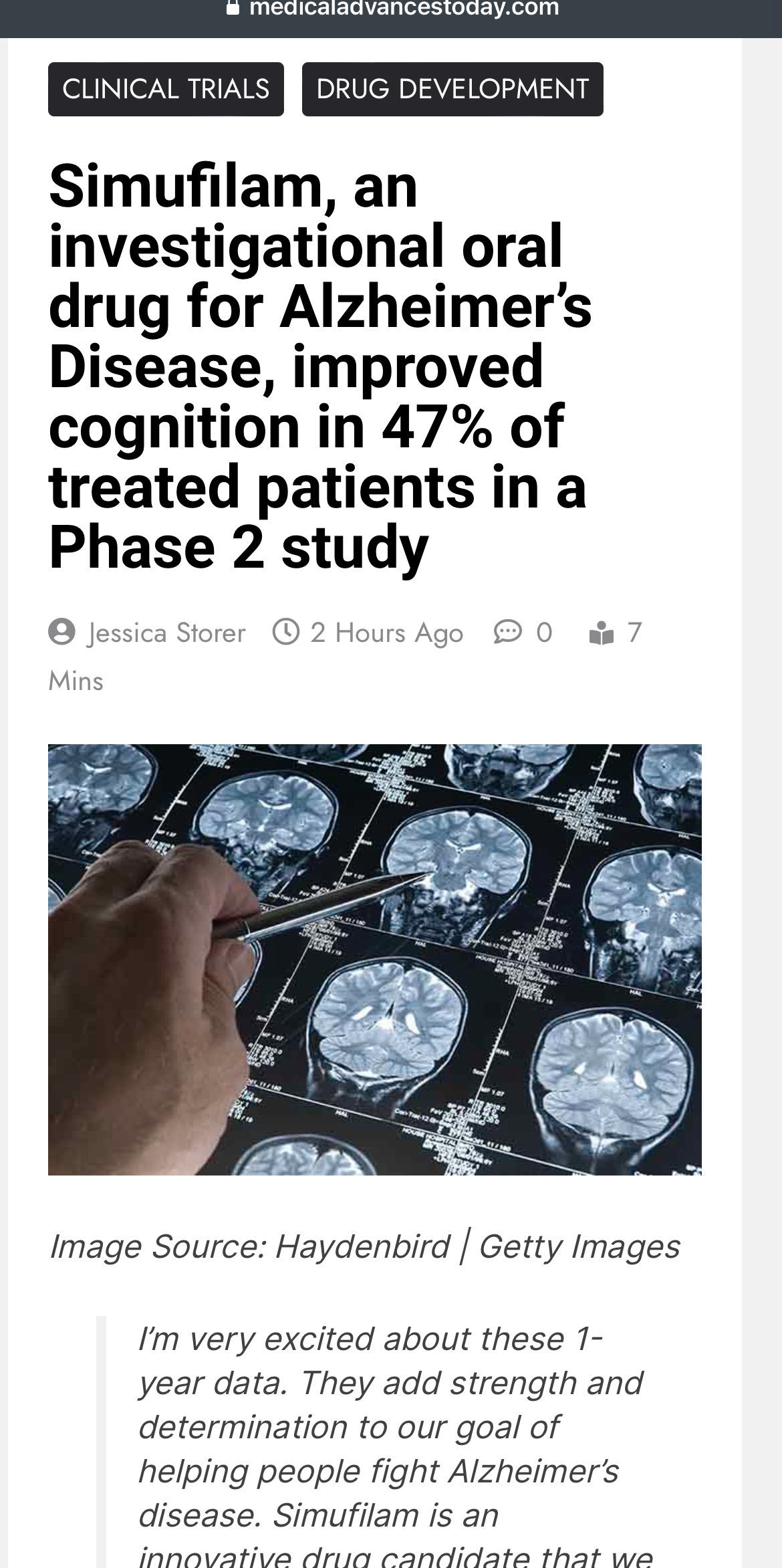 $Cassava Sciences (SAVA.US)$ 越来越多的新闻机构报道了SAVA的突破！#ENDALZ！ Simufilam，一种治疗阿尔茨海默病的口服药物，在一项二期研究中改善了47％的接受治疗患者的认知能力